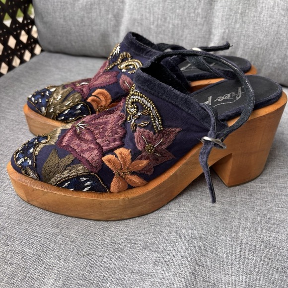 Free People Shoes - Free People 38/8 Cosmic Storm Navy Embroidered‎ Beaded Wooden Platform Clogs